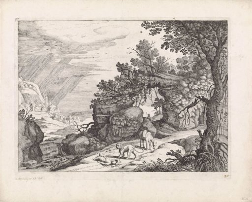 Landscape with a dead giant, lion and donkey