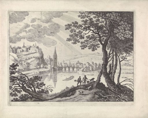 River landscape with a town and two hunters