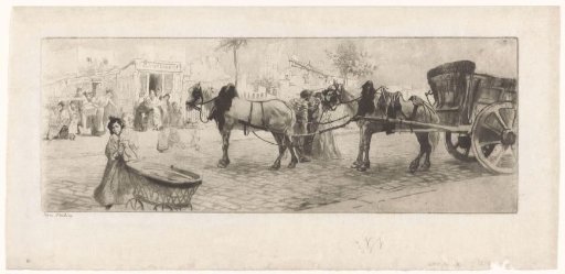 View of a Boulevard with Horses Harnessed to a Cart and a Woman with a Baby Carriage
