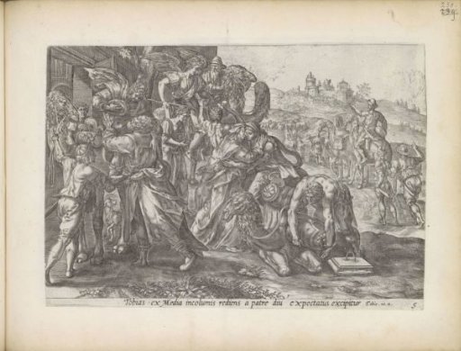 Tobias, Sara, and the angel take leave of Raguel and Edna