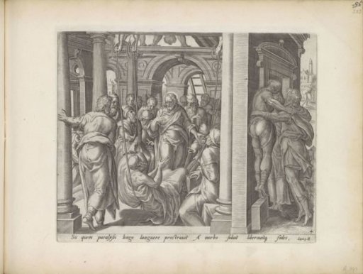 Christ healing a paralytic man who was lowered through the roof