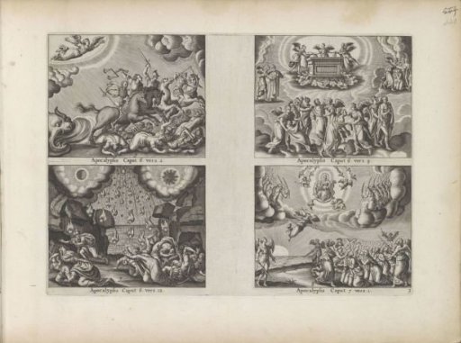 The four apocalyptic riders / Souls receiving white robes / Burning stars fall to earth / Worship by the hundred and forty-four thousand