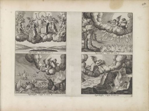 Seven angels receive trumpets / First angel blows the trumpet / Second angel blows the trumpet / Third angel blows the trumpet