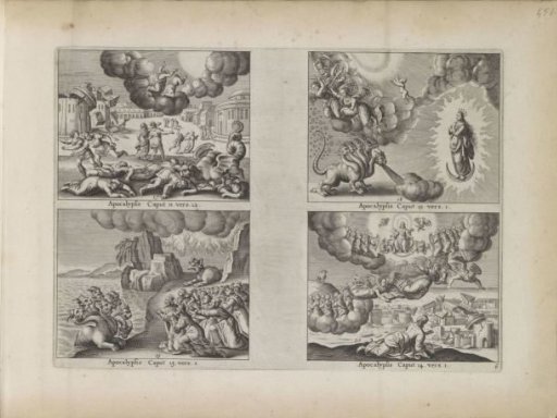 Two witnesses / Woman giving birth and the seven-headed dragon / Worship of the seven-headed beast / Worship of the Lamb on Mount Zion and three proclaiming angels