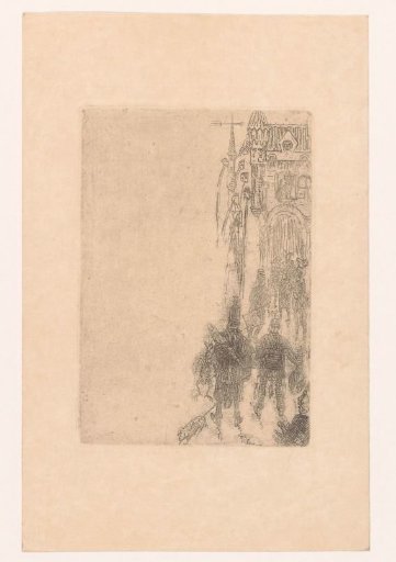 Figures walking towards a gate with meat and fish