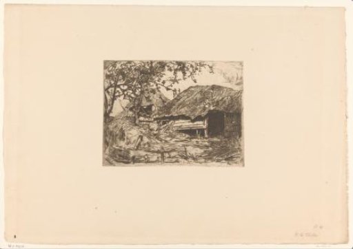 Sheds covered with reed, in front thereof a pig in the hay