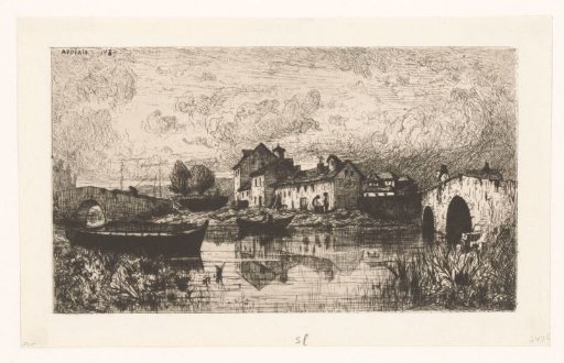 View of a village on the water with a bridge on the right and left