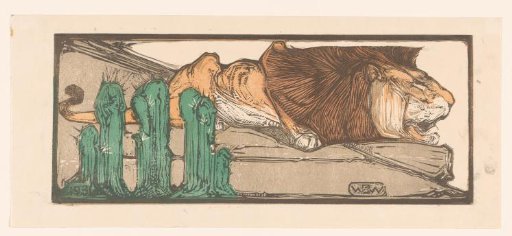 Recumbent lion beside three cacti