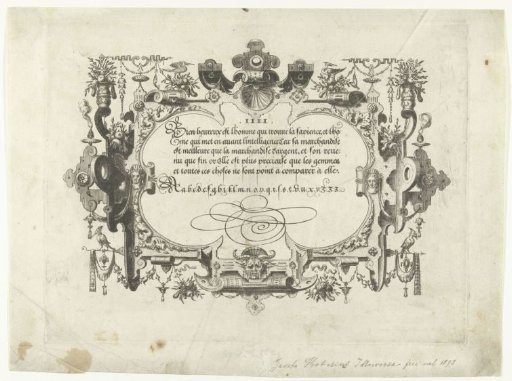 Cartouche with calligraphy, the corners decorated with a leaf motif