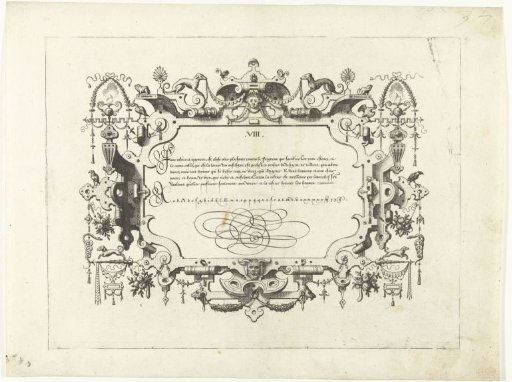 Cartouche with calligraphy, with two dogs sitting above
