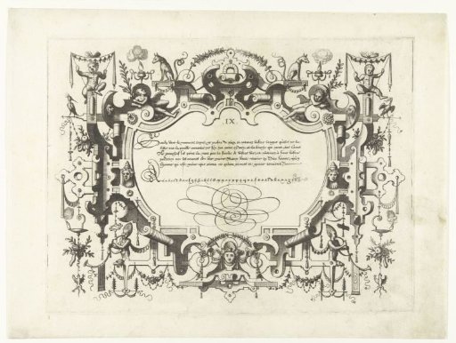 Cartouche with calligraphy, with a child with a canopy in the top left and right