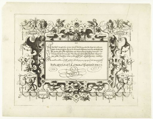 Cartouche with calligraphy, with a child and two insects in the bottom left