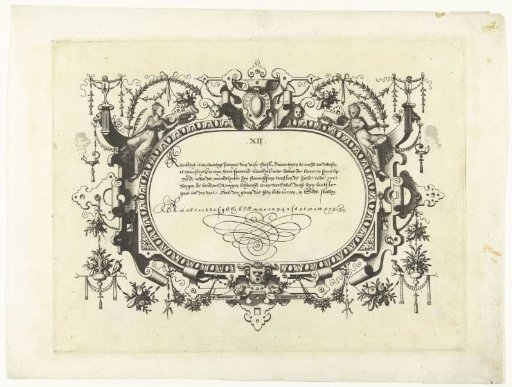 Oval cartouche with calligraphy, with a seated woman with a laurel wreath and palm branch on either side