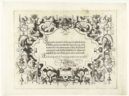 Cartouche with calligraphy, with a child with a bird in the top left and right
