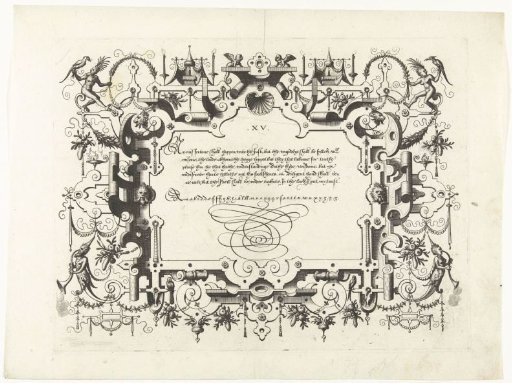 Cartouche with calligraphy, scrollwork extending into herms at the bottom