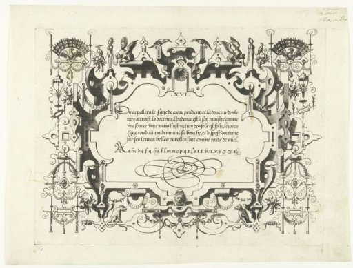 Cartouche with calligraphy, with two dogs at the bottom