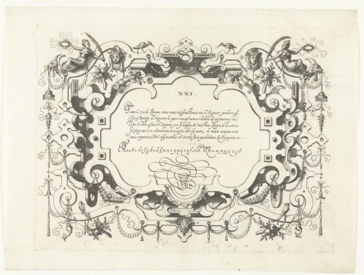 Cartouche with calligraphy, with a woman holding a palm branch and a wreath in the upper left and right
