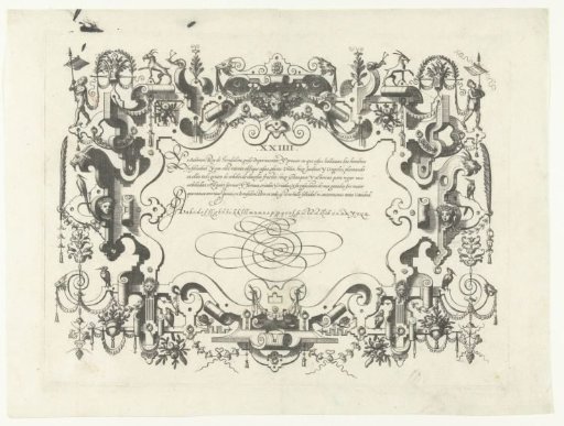 Cartouche with calligraphy, with a man holding a flag in the upper left and right