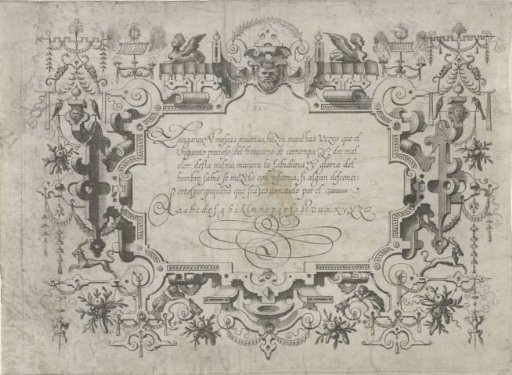 Cartouche with calligraphy, with a horned mask hanging at the top