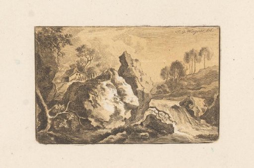 Rocky landscape with waterfall and hut