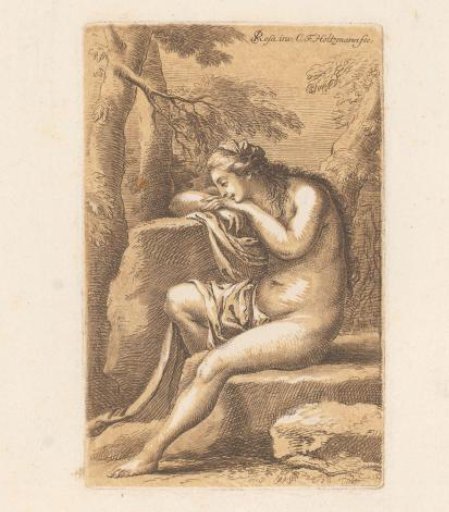 Half-naked woman leaning on a rock