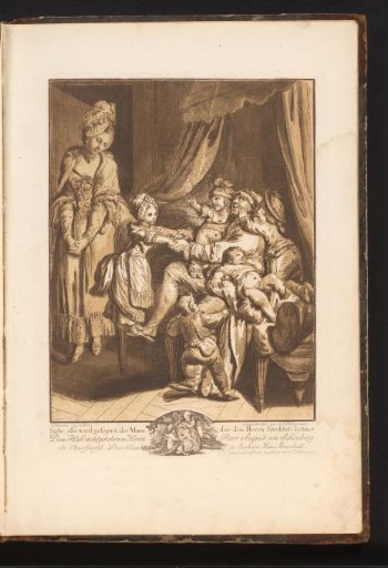 Man on a Bench Surrounded by Five Children While His Wife Stands Beside Him