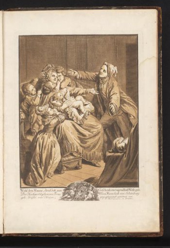 Woman on a Bench Surrounded by Five Children While Her Husband Rushes Toward Her