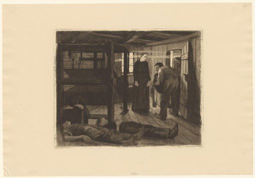 Two People Look On Dejectedly as Three Dead Men Are Lifted Out of a Workspace