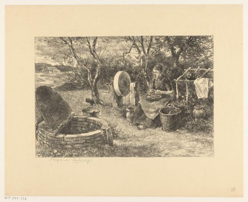 Woman peeling potatoes by a water well