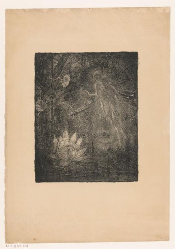 Two winged figures and a dragonfly near a water lily