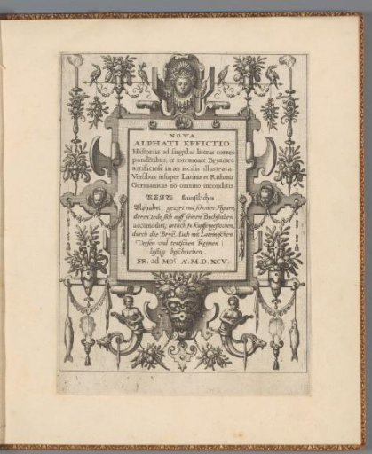 Cartouche in a frame of ornaments with flower vases