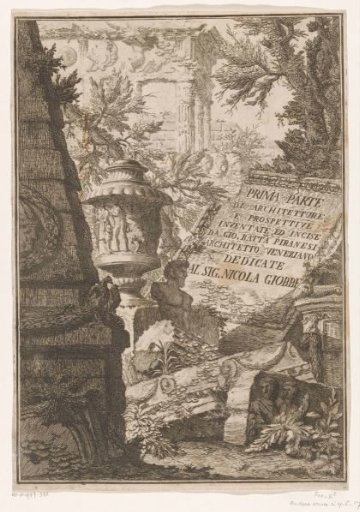 Title print with title on a marble block in a landscape with ruins
