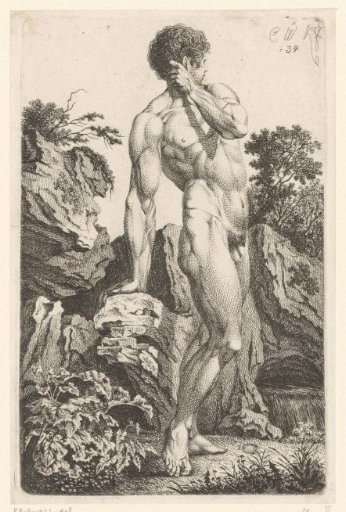 Naked man leaning on rocks near a small waterfall
