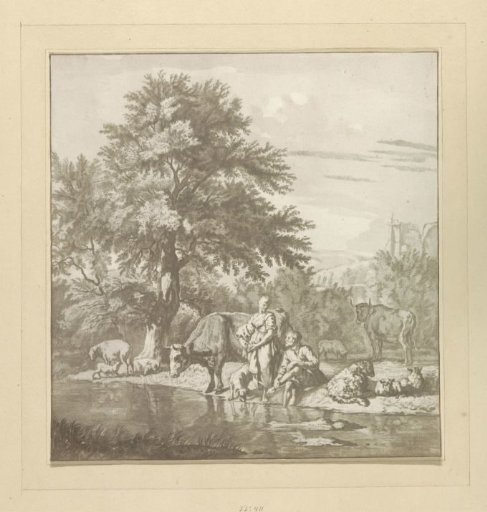 Shepherds and shepherdess with a flock by a river