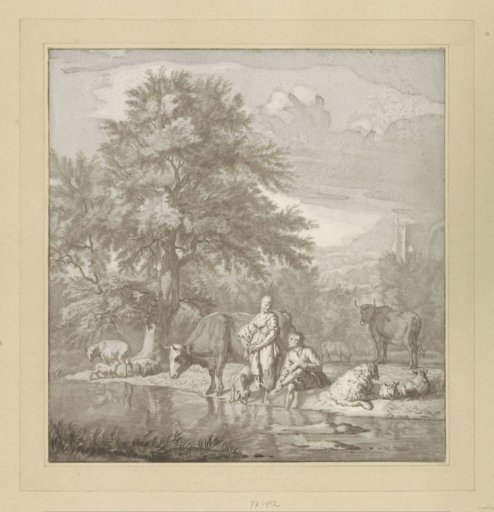 Shepherds and shepherdess with a flock by a river