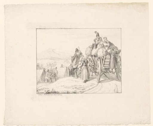 Figures on a hay wagon with a camp in the background