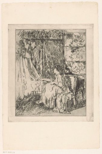 Woman sitting on a chair next to a cradle