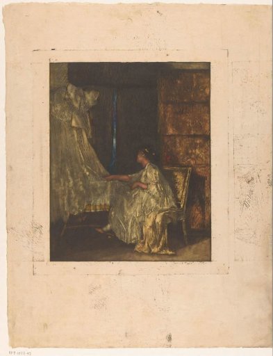 Woman sitting on a chair next to a cradle
