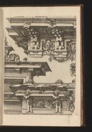 Three Doric cornices decorated with scrollwork, mascarons, and garlands