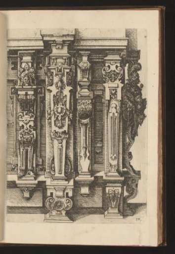 Five Doric pilasters decorated with scrollwork, armor trophies, and a herm dressed as a soldier seen in profile