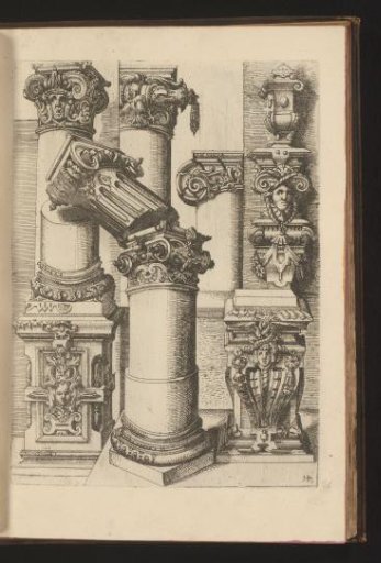 Five Ionic capitals, two Ionic pedestals, decorated with scrollwork, two consoles, and two crowns