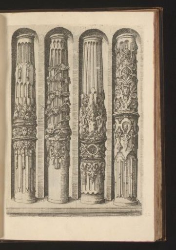 Four shafts of Ionic columns, decorated with leafy scrolls, mascarons, grotesques and scrollwork