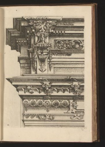 Two Ionic entablatures decorated with mascarons, rosettes and leafy scrolls
