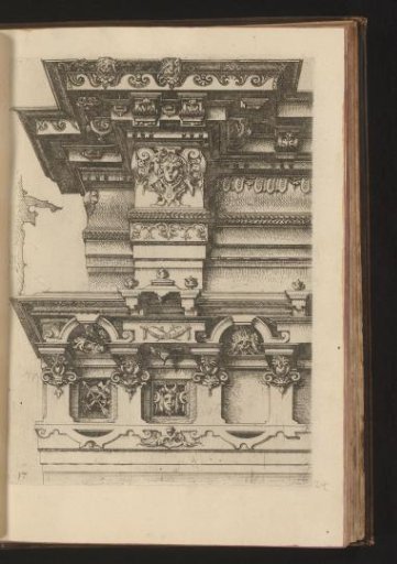 Two Ionic entablatures decorated with mascarons and leafy scrolls