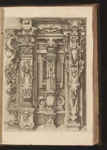 Four Ionic pilasters decorated with scrollwork, leafy scrolls, mascarons and a caryatid and a herm seen from the side