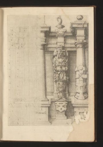 Proportions of the Tuscan column order with an atlante in the guise of a farm laborer in a barrel between two columns