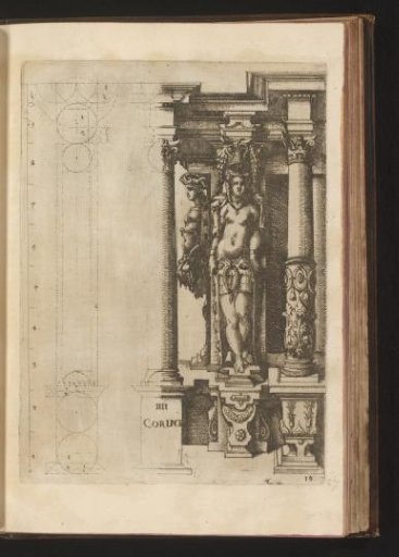 Proportions of the Corinthian column order with a caryatid and a herm seen from the side