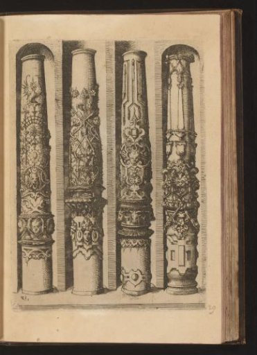 Four shafts of Corinthian columns decorated with grotesques, mascarons, leafy scrolls and scrollwork
