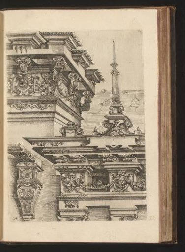 Two Corinthian entablatures with a console and decorated with garlands and mascarons