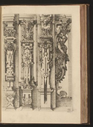Four Corinthian pilasters decorated with scrollwork, garlands, and mascarons, and one female herm seen from the side